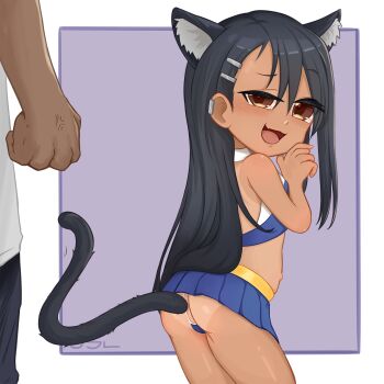 1boy 1girl aged_down anal_beads anal_tail animal_ears artist_logo ass backless_shirt black_hair blue_panties blue_shirt blue_skirt brown_eyes butt_plug cat_ears cat_tail clothing_aside cowboy_shot dark-skinned_female dark-skinned_male dark_skin ear_piercing eyelashes fake_animal_ears fake_tail fang from_behind half-closed_eye hand_up hetero ijiranaide_nagatoro-san logo loli long_hair looking_at_another looking_back mesugaki miniskirt nagatoro_hayase naughty_face official_alternate_costume open_mouth oscarlllll panties panties_aside piercing purple_background sex_toy shirt simple_background skin_fang skirt smile smug solo_focus standing tail tongue two-tone_background two-tone_shirt underwear variant_set white_background white_shirt