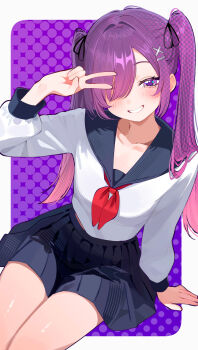 1girl arm_at_side arm_up artist_request black_sailor_collar black_skirt blush border breasts colored_tips commission from_above grin hair_ornament hair_over_one_eye half-closed_eyes hand_rest happy highres long_hair long_sleeves looking_at_viewer multicolored_hair neckerchief one_eye_covered original outside_border pink_hair pleated_skirt purple_background purple_eyes purple_hair red_neckerchief rounded_corners sailor_collar school_uniform second-party_source serafuku shirt side_part sitting skirt small_breasts smile solo twintails v v_over_eye white_border white_shirt x_hair_ornament