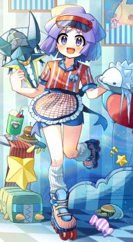 1boy :d absurdres alternate_costume apron blush bugsy_(pokemon) burger buttons charjabug collared_shirt commentary_request diner drinking_straw food gen_7_pokemon gen_8_pokemon grubbin highres holding holding_tray indoors knees leg_up male_focus nintendo open_mouth pokemon pokemon_hgss purple_hair red_shirt ribbed_socks roller_skates shirt short_hair short_sleeves shorts skates smile snom socks tray vikavolt waist_apron wakamewakame282