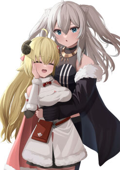 2girls :o ahoge animal_ears artist_request bad_tag bag bare_shoulders blonde_hair blue_eyes blush breasts cape closed_eyes detached_sleeves gold handbag hololive horns jacket jewelry large_breasts multiple_girls necklace open_mouth shishiro_botan smile tsunomaki_watame virtual_youtuber white_background whte_hair