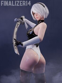 1girl 3d artist_name ass bare_shoulders black_hairband black_thighhighs blue_eyes boots breasts commentary elbow_gloves fog gloves hairband highres holding holding_sword holding_weapon katana latex leotard lips medium_breasts mole mole_under_mouth nautilic nier:automata nier_(series) no_blindfold shiny_clothes shiny_skin short_hair simple_background skindentation solo sword thighhighs thighhighs_under_boots thong_leotard turtleneck virtuous_contract weapon white_hair white_leotard 2b_(nier:automata)