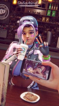 1boy 1girl artist_name ass backwards_hat baseball_cap bed blacked_(phrase) blacked_female bone bracelet braid brand_name_imitation breasts cafe casual cellphone chocolate_chip_cookie clothes_writing coffee comparison cookie cum cum_on_body cup dark dark-skinned_female dark-skinned_male dark_skin disposable_coffee_cup disposable_cup drink drinking dutch_angle earrings english_text eyelashes eyeliner eyeshadow facial facial_mark fingerless_gloves fingernails fishnet_leotard fishnets food gladionanimated gloves group_sex hat hetero highres holding indoors interracial jacket jewelry juxtaposition large_breasts leotard lips lipstick looking_at_viewer lying makeup mascara menu mmf_threesome mole mole_under_eye muscular navel nose nude official_alternate_costume overwatch panties penis phone polish_text pov pov_hands pulling purple_eyes purple_hair race_fetishism screen sex sign sitting slay_star_sombra smartphone solo solo_focus sombra_(overwatch) table tattoo thighs third-party_source thong threesome top-down_bottom-up undercut underwear unzipped v viewer_holding_phone x_(symbol) x_facial_mark zipper