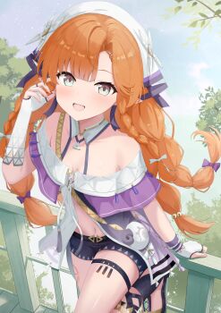 1girl :d against_railing bare_shoulders blush braid braided_sidelocks breasts commentary fingerless_gloves gloves green_eyes hand_up highres jacket long_hair looking_at_viewer multicolored_jacket navel open_mouth orange_hair outdoors pointy_ears purple_jacket purple_shorts railing shorts sidelocks sigrika_(wuthering_waves) small_breasts smile solo stomach touhourh two-tone_jacket veil white_gloves white_jacket white_veil wuthering_waves