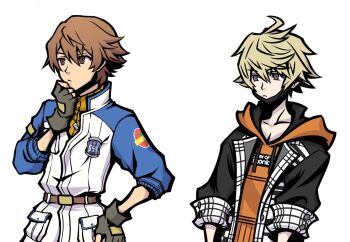 2boys belt black_eyes black_gloves black_jacket blonde_hair brown_eyes brown_hair commentary eiyuu_densetsu english_commentary fingerless_gloves gloves hood hoodie jacket kanade_rindo kobayashi_gen_(style) lloyd_bannings looking_ahead male_focus mask mouth_mask multiple_boys open_clothes open_jacket orange_hoodie parody shin_subarashiki_kono_sekai short_hair simple_background standing style_parody subarashiki_kono_sekai thinking white_background yewlania zero_no_kiseki