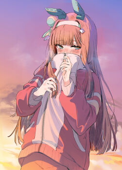 1girl absurdres animal_ears aqua_eyes commentary_request ear_covers emyo evening highres horse_ears horse_girl jacket long_hair looking_at_viewer orange_hair outdoors pants red_jacket red_pants school_uniform silence_suzuka_(umamusume) solo tracen_school_uniform umamusume