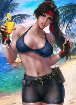1girl abs beach belt bikini bikini_top_only breasts brown_eyes brown_hair cleavage collarbone costa_del_sol final_fantasy final_fantasy_vii final_fantasy_vii_remake fingerless_gloves food fruit gloves headband highres holding_glass holster jessie_rasberry logan_cure medium_breasts midriff navel nike_(company) ocean open_mouth orange_(fruit) orange_slice palm_tree pants parted_bangs pointing ponytail red_headband shorts smile solo square_enix swimsuit tight_clothes tight_pants tree upper_body wet