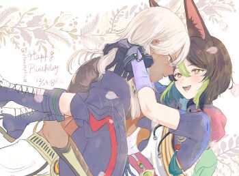 2boys ancient_egyptian_clothes arms_around_neck black_boots black_gloves black_hair black_pants boots brown_eyes carrying carrying_person commentary_request cyno_(genshin_impact) dark-skinned_male dark_skin dated eye_contact genshin_impact gloves green_hair grey_eyes hair_between_eyes happy_birthday highres hood hooded_jacket jacket long_hair looking_at_another male_focus multicolored_hair multiple_boys open_mouth otanpopo1208 pants parted_bangs short_sleeves streaked_hair teeth tighnari_(genshin_impact) tongue twitter_username white_hair yaoi