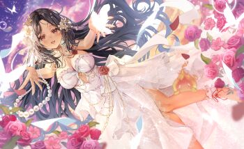 Rule 34 | 1girl, absurdres, artist request, black hair, bracelet, breasts, brown eyes, bug, butterfly, collarbone, dress, eyelashes, flower, gem, gold bracelet, hair flower, hair ornament, highres, insect, jewelry, long hair, mole, mole under eye, multiple moles, nijisanji, nijisanji en, open mouth, pearl (gemstone), pink flower, pink rose, reaching, reaching towards viewer, red flower, red nails, red rose, rose, scarle yonaguni, scarling (scarle yonaguni), tan, virtual youtuber, white butterfly, white dress, white flower