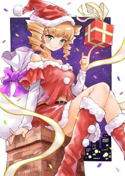 1girl absurdres bare_shoulders belt blonde_hair boots bow box brown_belt chimney city_lights closed_mouth commentary_request confetti detached_sleeves drill_hair fur-trimmed_boots fur-trimmed_headwear fur-trimmed_shirt fur-trimmed_skirt fur_trim gift gift_box green_eyes hat highres jikkyou_powerful_pro_yakyuu natsume_jun navel night off-shoulder_shirt off_shoulder outside_border pawahotel3021 power_pro_kun_pocket power_pro_kun_pocket_9 red_boots red_hat red_shirt red_skirt sack santa_costume santa_hat shirt sitting skirt solo twin_drills white_bow