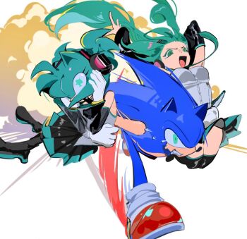 Rule 34 | 1boy, 2girls, amy rose, animal ears, aqua eyes, aqua hair, aqua necktie, black sleeves, blue fur, breasts, carrying, carrying person, cosplay, crossover, detached sleeves, explosion, gloves, green eyes, grey shirt, hatsune miku, hatsune miku (cosplay), headphones, hedgehog girl, lilin1194885, long hair, multiple girls, necktie, open mouth, red shoes, running, shirt, shoes, skirt, sonic (series), sonic the hedgehog, tearing up, thighhighs, twintails, very long hair, vocaloid, white gloves
