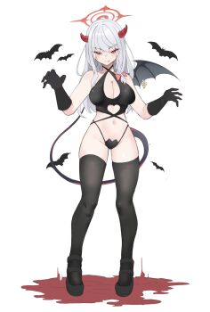 1girl bare_shoulders bat_(animal) black_gloves black_panties black_shirt black_shoes black_thighhighs blood blue_archive bow breasts claw_pose cleavage collarbone demon_girl demon_horns demon_tail demon_wings gloves grey_hair groin hair_bow halo haruna_(blue_archive) highres horns large_breasts long_hair looking_at_viewer navel panties pool_of_blood red_eyes red_halo shirt shoes single_wing smile solo tail thighhighs thighs tongue tongue_out umber00 underwear wings
