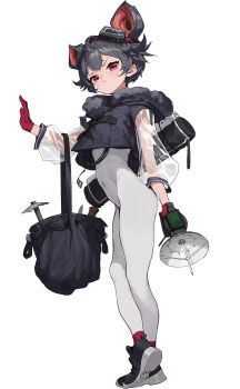 1girl absurdres animal_ears bag black_bag black_hair black_jacket black_shoes bodysuit closed_mouth covered_navel cropped_jacket fake_animal_ears from_side gloves goggles goggles_on_head gua61 highres holding hood hood_down jacket mouse_ears original petite pickaxe radar_dish red_eyes red_gloves red_socks see-through_clothes see-through_sleeves shoes short_hair skin_tight socks solo white_bodysuit