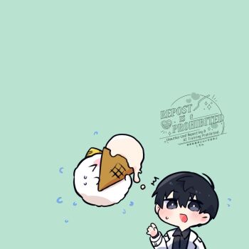 1boy :o arm_up biyoo_(omniscient_reader&#039;s_viewpoint) black_hair black_shirt coat collared_shirt commentary double-parted_bangs english_commentary food hair_between_eyes highres holding holding_food holding_ice_cream ice_cream kimidori_22 male_focus notice_lines omniscient_reader&#039;s_viewpoint open_clothes open_coat oversized_food oversized_object reaching reaching_towards_another shirt short_hair sweatdrop white_coat