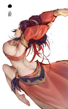 1girl absurdres armpits arms_up ass bandeau barefoot breasts butt_crack cleavage dancer detached_sleeves double_bun hair_bun highres jewelry large_breasts looking_at_viewer mumuy necklace one_eye_closed simple_background smile soles solo stretching white_background