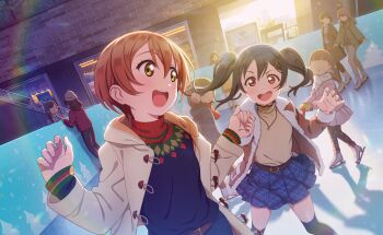 2girls black_hair black_thighhighs blue_skirt blue_sweater faceless faceless_female fingernails game_cg hair_ornament hairclip highres holding_hands hoshizora_rin ice_skating jacket long_sleeves looking_back love_live! love_live!_school_idol_festival_2 love_live!_school_idol_project multiple_girls official_art open_clothes open_jacket open_mouth orange_hair outdoors pleated_skirt red_eyes short_hair skating skirt standing sweater thighhighs third-party_source twintails white_jacket yazawa_nico yellow_eyes