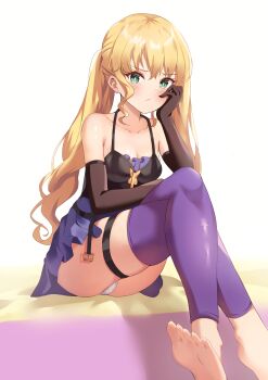 1girl bad_id bad_pixiv_id barefoot blonde_hair blush code_vein crossed_legs feet green_eyes hair_between_eyes highres leggings long_hair looking_at_viewer mia_karnstein panties pantyshot purple_leggings sitting soles solo thigh_strap toes twintails underwear very_long_hair white_background