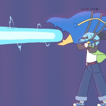 1boy belt blue_pants blue_shoes brown_belt clawitzer commentary_request denim energy_beam firing from_side gen_6_pokemon green_jacket highres holding holding_pokemon horubi_non jacket jeans long_sleeves nintendo open_clothes open_jacket pants paxton_(pokemon) pokemon pokemon_(creature) pokemon_legends:_z-a purple_background shirt shoelaces shoes simple_background standing twitter_username unconventional_weapon white_shirt