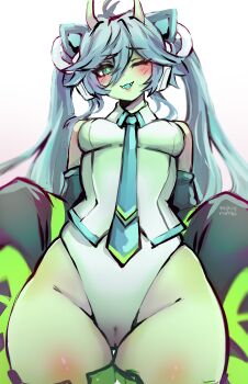 1girl absurdres alien animal_ears antennae blush breasts cat_ears colored_skin detached_sleeves glorpi_miku_(dyarikku) green_skin hatsune_miku highres leotard mokiemokki twintails vocaloid