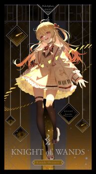 1girl :d ahoge bilingual_commentary black_thighhighs blonde_hair bow brown_dress brown_sailor_collar buttons card_(medium) center-flap_bangs character_name commentary cross-laced_clothes cross-laced_sleeves double-breasted double-parted_bangs dress english_commentary english_text footwear_bow frilled_jacket frills full_body gradient_hair hair_between_eyes hair_ribbon highres hololive hololive_dev_is ishihara_(kuniyoshi) jacket lapels long_hair long_sleeves looking_at_viewer mixed-language_commentary multicolored_hair neck_ribbon notched_lapels one_side_up open_mouth orange_hair otonose_kanade otonose_kanade_(1st_costume) piano_print red_eyes red_ribbon ribbon sailor_collar shirt shoes short_dress sidelocks smile solo tarot tarot_(medium) teeth thigh_strap thighhighs upper_teeth_only virtual_youtuber white_jacket white_sailor_collar white_shirt white_shoes