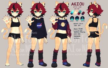 1girl absurdres aeiou_(yoako) animal_ear_fluff animal_ears animal_nose aqua_nails arm_at_side bare_arms bare_legs bare_shoulders barefoot black-framed_eyewear black_bra black_choker black_hair black_nails black_panties black_shirt body_fur boyshort_panties bra breasts cat_ears cat_girl cat_tail character_age character_name reference_sheet choker clothing_cutout color_guide commentary drawstring ear_piercing earclip english_commentary english_text furry furry_female glasses grey_background grin hair_between_eyes hair_ornament hand_on_own_hip hand_up highres jupiter_(planet) jupiter_symbol midriff multicolored_hair multiple_views nail_polish navel off-shoulder_shirt off_shoulder original panties pawpads piercing power_symbol power_symbol-shaped_pupils red_hair sharp_teeth shirt short_hair simple_background small_breasts smile sports_bra symbol-shaped_pupils tail tail_through_clothes teeth two-tone_hair underwear underwear_only watermark x_hair_ornament yoako