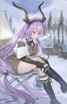 1girl arknights black_boots black_gloves black_hairband boots brown_dress chair dress fake_horns gloves hairband highres horn_hairband horns long_hair outdoors pimi purple_eyes purple_hair sitting snow solo thighs typhon_(arknights) typhon_(northern_pathfinder)_(arknights) very_long_hair