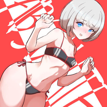 1girl bikini black_bikini blue_eyes blush dutch_angle goddess_of_victory:_nikke grey_hair hands_up highres iejima_(xmfqiejm) looking_at_viewer open_mouth red_background short_hair side-tie_bikini_bottom solo standing swimsuit vesti_(nikke)