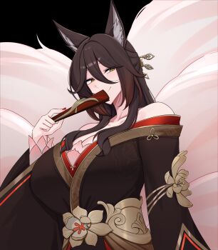 1girl absurdres animal_ear_fluff animal_ears ant_k black_background breasts brown_hair cleavage enough_333 folded_fan folding_fan fugue_(honkai:_star_rail) gradient_hair green_eyes hair_ornament hairpin hand_fan highres holding holding_fan honkai:_star_rail honkai_(series) japanese_clothes kimono large_breasts long_hair looking_at_viewer md5_mismatch multicolored_hair multiple_hairpins multiple_tails nail_polish pink_tail red_nails resolution_mismatch simple_background smile solo source_larger tail tingyun_(honkai:_star_rail)