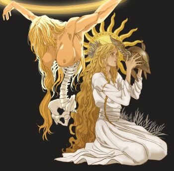 1boy 1girl absurdres androgynous black_background blonde_hair bone braid breasts column dress elden_ring helmet highres holding holding_unworn_helmet long_hair long_sleeves marceline2174 miquella_(elden_ring) nipples pillar queen_marika_the_eternal simple_background sun_symbol tagme unworn_helmet white_dress winged_helmet yellow_eyes