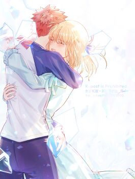 1boy 1girl archer_(fate) artoria_pendragon_(fate) blonde_hair blue_dress blue_pants blue_ribbon blue_sleeves blush closed_eyes coat couple dress emiya_shirou fate/stay_night fate_(series) glass_shards hair_ribbon hand_on_another&#039;s_back happy highres hug last_episode_(fate) long_hair long_sleeves open_mouth pants red_coat red_hair ribbon saber_(fate) shards shirt short_hair smile white_hair white_shirt yamano_udumi