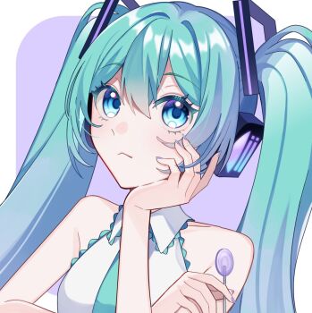 Rule 34 | 1girl, aqua eyes, aqua hair, aqua necktie, aqua trim, bare shoulders, black sleeves, blush, breasts, candy, closed mouth, collarbone, collared shirt, commentary request, food, hair between eyes, hair ornament, hand on own cheek, hand on own face, hatsune miku, headset, highres, holding, holding candy, holding food, holding lollipop, lollipop, long hair, masumofu, medium breasts, necktie, shirt, simple background, sleeveless, sleeveless shirt, smile, solo, twintails, upper body, very long hair, vocaloid, white shirt