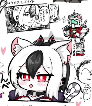 1girl animal_ears black_choker black_hair black_horns blue_archive cat_ears cat_girl cat_tail choker commentary_request demon_girl demon_horns doodle_sensei_(blue_archive) earrings extra_ears heart horns jewelry kayoko_(blue_archive) kemonomimi_mode long_sleeves multicolored_hair paint_chat_(medium) ponytail red_eyes sensei_(blue_archive) short_hair tail tomimon translation_request two-tone_hair white_background white_hair