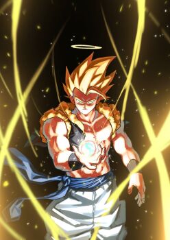 Rule 34 | 1boy, a (mitei7926), aura, black background, black vest, blonde hair, blue sash, cowboy shot, cropped vest, dragon ball, dragonball z, energy ball, gogeta, halo, highres, male focus, medium hair, metamoran vest, muscular, muscular male, no shirt, open clothes, open vest, pants, sash, simple background, solo, spiked hair, super saiyan, super saiyan 1, vest, white pants, yellow halo
