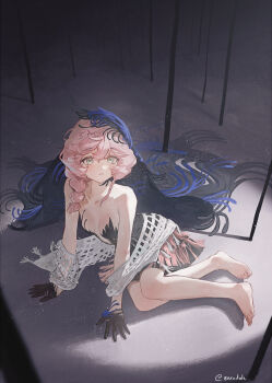 1girl aqua_eyes bare_shoulders barefoot black_dress black_hands black_veil blue_veil braid breasts cleavage collarbone colored_extremities dress full_body hair_between_eyes hashtag-only_commentary highres humanization long_hair looking_at_viewer medium_breasts nautika_(reverse:1999) parted_lips pink_hair plunging_neckline reverse:1999 shadow side_braids sidelocks sitting solo strapless strapless_dress tassel twitter_username two-tone_veil veil yokozuwari zeradok