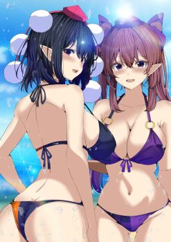 2girls bikini black_hair blush breasts brown_hair cloud commentary_request hair_ribbon hat highres himekaidou_hatate kitaura_kasumi lens_flare looking_at_viewer looking_back multiple_girls open_mouth pointy_ears pom_pom_(clothes) red_eyes ribbon shameimaru_aya short_hair sky smile swimsuit tengu tokin_hat touhou twintails