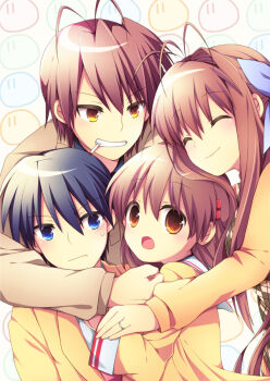 Rule 34 | 00s, 2boys, 2girls, :o, ^ ^, blue eyes, blue hair, brown eyes, brown hair, cigarette, clannad, closed eyes, dango daikazoku, father and daughter, furukawa akio, furukawa nagisa, furukawa sanae, hug, long hair, mother and daughter, multiple boys, multiple girls, okazaki tomoya, school uniform, short hair, smile, soranagi