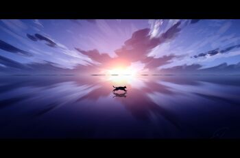 absurdres cat cloud cloudy_sky commentary_request highres letterboxed nengoro no_humans original outdoors purple_sky reflective_surface scenery signature silhouette sky sunset watermark