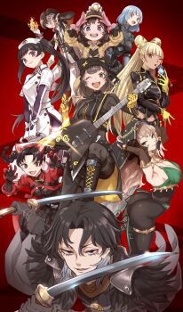 2boys 6+girls ;d absurdres black_boots black_hair black_hat black_veil blonde_hair blue_hair boots braid breasts brown_eyes brown_hair cellphone chord_(p5x) claw_pose cleavage commentary_request dark-skinned_female dark_skin double_bun dual_wielding fire flip_phone freckles gloves green_eyes guitar hair_bun hat highres holding holding_guitar holding_instrument holding_sword holding_weapon instrument key_(p5x) kitazato_kira knee_boots kurosususu kurotani_kiyoshi lace-up_boots li_yaoling long_hair marian_(p5x) messa_(p5x) miyashita_minami mole mole_under_eye multiple_boys multiple_girls nishimori_haruna nurse_cap okyann_(p5x) one_eye_closed open_mouth persona persona_5 persona_5:_the_phantom_x phoebe_(p5x) phone pink_gloves puppet_(p5x) purple_eyes pyrokinesis red_background riddle_(p5x) rin_(p5x) sakai_ayaka sawara_miyu shiina_yumi simple_background smile sword tomiyama_kayo twin_braids twintails veil weapon white_hat