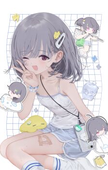 Rule 34 | 1girl, absurdres, bandaid, bare shoulders, black hair, blush, chibi, graph paper, hair ornament, highres, looking at viewer, one eye closed, open mouth, original, red eyes, shiratsuyu mone, shirt, sitting, sleeveless, smile, socks, sweat, tile wall, tiles, v