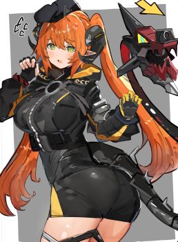 1girl ass black_hat blush breasts claw_pose commentary_request fingerless_gloves gloves green_eyes hair_between_eyes hat highres hood horns large_breasts long_hair looking_back magus_(zenless_zone_zero) mechanical_tail open_mouth orange_hair orange_pupils orphie_magnusson pointy_ears tail the_olphy thighhighs twintails yellow_gloves zenless_zone_zero