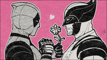 2boys azuko_(@zuco) beard bodysuit closed_mouth deadpool deadpool_&amp;_wolverine deadpool_(series) facial_hair flower giving_flower gloves heart highres holding holding_flower male_focus marvel marvel mask multiple_boys muscular muscular_male pink_background signature superhero_costume wolverine_(x-men) x-men yaoi