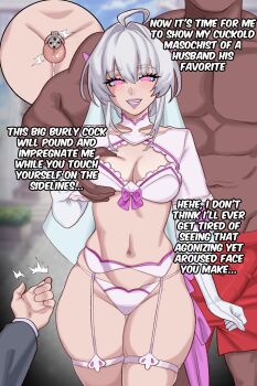 2boys absurdres blurry blurry_background bra breasts bulge chastity_cage cleavage commission cowboy_shot dark-skinned_male dark_skin erection erection_under_clothes fate/grand_order fate_(series) flat_chastity_cage garter_belt grabbing_another&#039;s_breast groping highres humiliation interracial kanoji_(ni_kanojo) lady_avalon_(fate) long_hair medium_breasts merlin_(fate/prototype) multiple_boys muscular muscular_male navel netorare panties penis_size_difference pov purple_eyes red_shorts revealing_clothes shorts small_chastity_cage small_penis small_penis_humiliation solo_focus tagme underwear very_dark_skin wedding white_bra white_hair white_panties