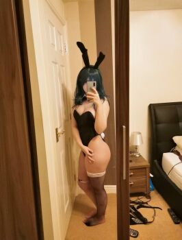 animal_ears asymmetrical_legwear bare_shoulders bedroom blue_hair breasts female_byleth_(fire_emblem) byleth_(fire_emblem)_(cosplay) cleavage cosplay cosplay_photo fake_animal_ears fake_bunny_ears fire_emblem fire_emblem:_three_houses gluteal_fold highleg highleg_leotard highres holding holding_phone iloveballs666 leaning_to_the_side leotard long_hair messy_room mirror_image mirror_reflection nintendo ok_sign pantyhose phone photo_(medium) playboy_bunny playboy_bunny_swimsuit rabbit_tail selfie strapless strapless_leotard thick_thighs thighs uneven_legwear wide_hips
