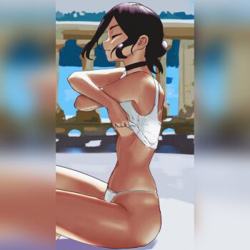 Rule 34 | 1girl, bikini, black choker, black hair, chainsaw man, choker, closed eyes, closed mouth, commentary, day, english commentary, from side, hair bun, highres, navel, on ground, outdoors, reze (chainsaw man), sitting, solo, swimsuit, tefi blum, undressing, white bikini