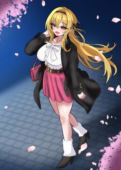 1girl belt black_coat black_hairband black_ribbon blonde_hair blush breasts cherry_blossoms coat collarbone commentary_request earrings falling_petals fang floating_hair fur-trimmed_shoes hair_ribbon hairband high_heels highres hiroshi_(01kanata) idolmaster idolmaster_cinderella_girls jewelry kurosaki_chitose large_breasts long_hair looking_at_viewer neck_ribbon petals pink_skirt pleated_skirt red_eyes ribbon shirt skin_fang skirt smile solo very_long_hair walking white_ribbon white_shirt