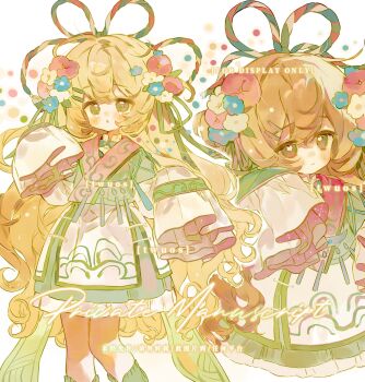 1girl ahoge blonde_hair blue_flower blush closed_mouth commission dress flower frills green_ribbon hair_flower hair_ornament hairpin highres leaf long_hair long_sleeves looking_at_viewer mihuashi_commission multicolored_eyes multiple_girls nose_blush original pink_flower ribbon sidelocks sleeves_past_fingers sleeves_past_wrists standing tears two-tone_eyes twuos watermark wavy_hair white_background white_flower