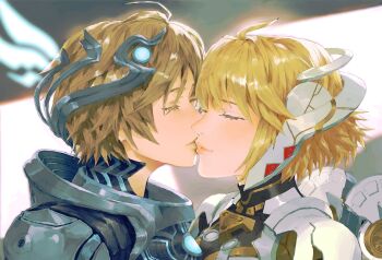 1boy 1girl absurdres ahoge armor bishounen blonde_hair blush bodysuit close-up closed_eyes cyborg eyelashes fiora_(xenoblade) from_side hair_between_eyes hair_ornament hetero highres kiss makna_armour mecha-fiora ngais pink_lips profile short_hair shulk_(xenoblade) smile xenoblade_chronicles_(series) xenoblade_chronicles_1