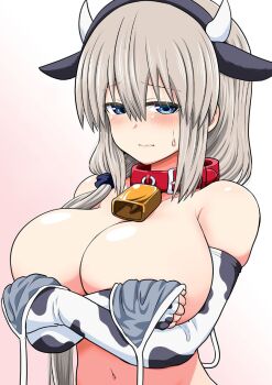 1girl animal_ears animal_print bell bikini blue_eyes blush breasts cleavage collar collarbone covering_breasts covering_privates cow_ears cow_girl cow_horns cow_print cow_print_bikini cow_print_gloves cowbell elbow_gloves fake_animal_ears fake_horns gloves grey_hair highres horns large_breasts long_hair low_side_ponytail mature_female navel official_art ponytail print_bikini print_gloves side_ponytail solo stomach swimsuit take_(shokumu-taiman) third-party_edit unworn_bikini_top upper_body uzaki-chan_wa_asobitai! uzaki_tsuki
