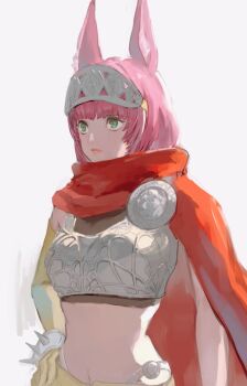 Rule 34 | 1girl, animal ear fluff, animal ears, breasts, cape, catherina (metaphor: refantazio), closed mouth, green eyes, hand on own hip, highres, large breasts, looking ahead, medium hair, metaphor: refantazio, navel, pink hair, pink lips, red cape, samerkgk, solo, standing, upper body