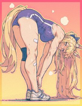 1girl alternate_costume animal_ear_fluff animal_ears arknights ass bandaid bent_over blemishine_(arknights) blonde_hair bow brown_eyes caffichai commentary english_commentary extra_ears gym_uniform hair_bow highres horse_ears horse_girl horse_tail long_hair ponytail scar scar_on_arm scar_on_leg shoes smile sneakers stretching tail thighs