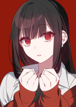 Rule 34 | 1girl, absurdres, black hair, cardigan, chihara mai, collared shirt, commentary request, hands up, highres, jirai nan desu ka? chihara-san, long hair, looking at viewer, off shoulder, own hands together, parted lips, portrait, red background, red cardigan, red eyes, ringed eyes, ryon (ryonhei), school uniform, second-party source, shirt, simple background, sleeves past wrists, solo, teeth, white shirt